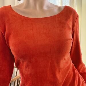 VOYELLES Faux Suede Boat Neck Top 3/4 Sleeves Orange Raw Hem Size Medium